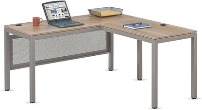 NBF at Work Reversible L Shaped Executive Office Desk - Durable Espresso Laminate Computer Desk with Steel Frame - Modern Desk with 3 Grommet Holes - 60" W x 60" D Work Desk for Home (Brown)