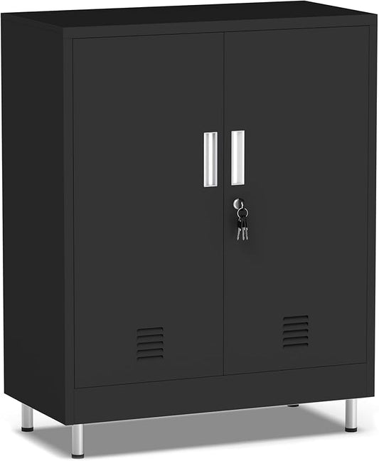 Metal Storage Cabinet with Locking Doors and Adjustable Shelves, Small Lockable Storage Cabinet for Home Office Garage Pantry Entryway Living Room (Black)