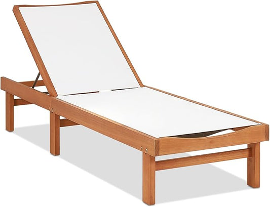 COSTWAY Patio Wood Chaise Lounge Chair, Strong Eucalyptus Wood Frame, 5-Position Adjustable Outdoor Recliner with White Mesh (1)