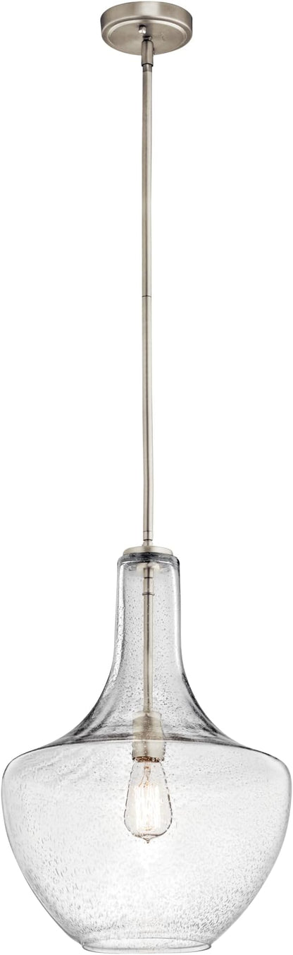 Everly 19.75" 1-Light Bell Pendant with Clear Glass in Brushed Nickel, for Kitchen Island, Dining Nook, Bedroom, (19.75" x 13.75") 42046NI