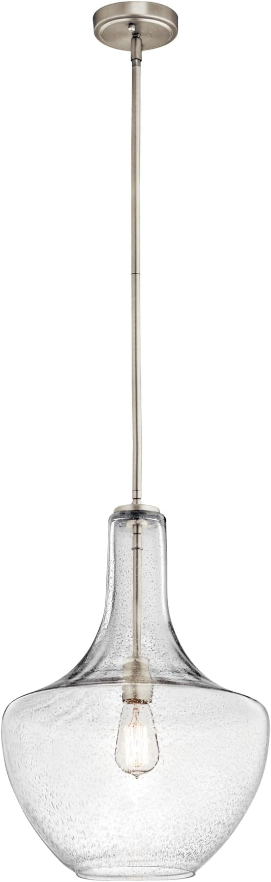 Everly 19.75" 1-Light Bell Pendant with Clear Glass in Brushed Nickel, for Kitchen Island, Dining Nook, Bedroom, (19.75" x 13.75") 42046NI