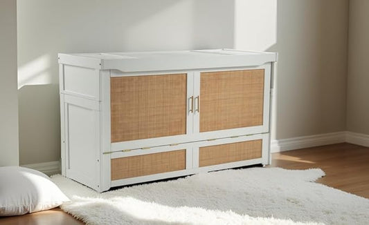 NIGHT & DAY Furniture Murphy Cube Cabinet Bed Pre-Assembled Queen (Clearance) (White with Rattan)