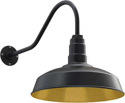 Steel Lighting Co. Gardena Barn Light | Outdoor Wall Mounted | 16" Dome | 23" Gooseneck | Farmhouse Light Made in America | Matte Black Exterior/Brass Interior