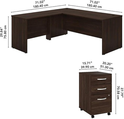 Bush Business Furniture Studio C L Shaped Desk with Mobile File Cabinet and Return, 72W x 30D, Black Walnut