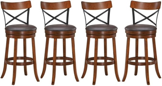 ERGOMASTER Swivel Bar Stools Set of 4 with PU Cushion and Solid Cappuccino Rubberwood Barstool for Kitchen Island Counter, Pub - 29 Inch Height