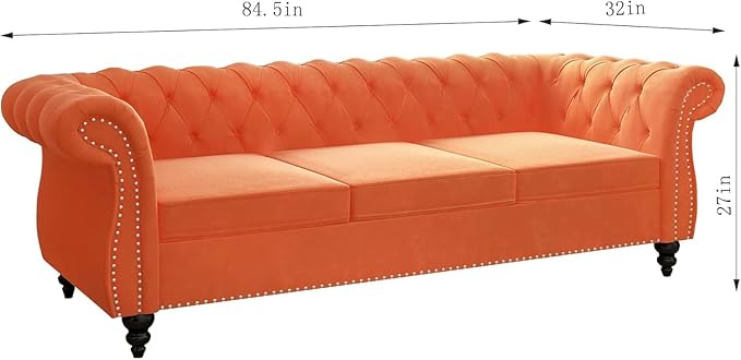 Chesterfield 3 Seater Sofa, Modern Velvet Tufted Couch 3 Seater with Rolled Arms and Nailhead Mid-Century Upholstered Couch for Living Room, Bedroom, Apartment and Office, Orange