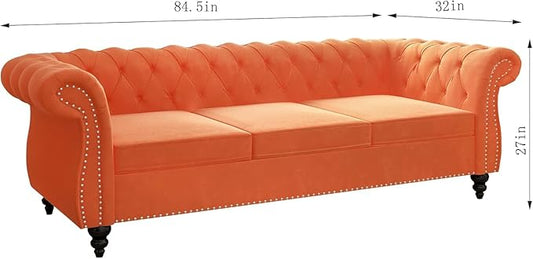 Chesterfield 3 Seater Sofa, Modern Velvet Tufted Couch 3 Seater with Rolled Arms and Nailhead Mid-Century Upholstered Couch for Living Room, Bedroom, Apartment and Office, Orange