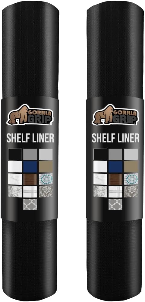 GORILLA GRIP Slip Resistant Drawer and Shelf Liner 2 Pack, Non Adhesive Water Resistant, Easy Clean and Trim, Smooth Surface Liners for Kitchen Cabinet, Shelves, Drawers, Pantry, 12 in x 20 FT, Black