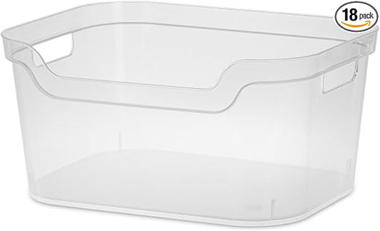Sterilite 7 x 11 x 14.25 Inch Polished Open Scoop Front Storage Bin with Comfortable Carry Through Handles for Household Organization, Clear (18 Pack)