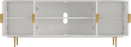 66" Modern TV Stand for TVs up to 75",TV Cabinet with Glass Door,Entertainment Center with Storage,Television Stands with Gold Legs,Media Console for Bedroom,Living Room,White