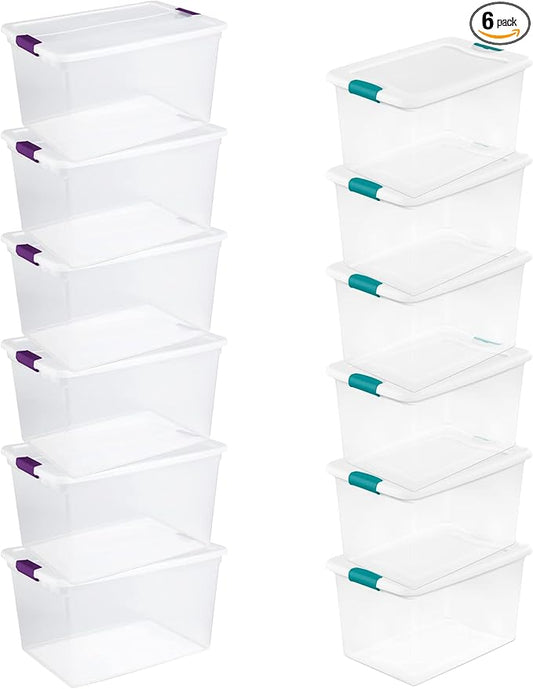 Sterilite Clear Plastic Storage Totes, 6 Pack 64 Quart and 6 Pack 66 Quart Bins with Lids