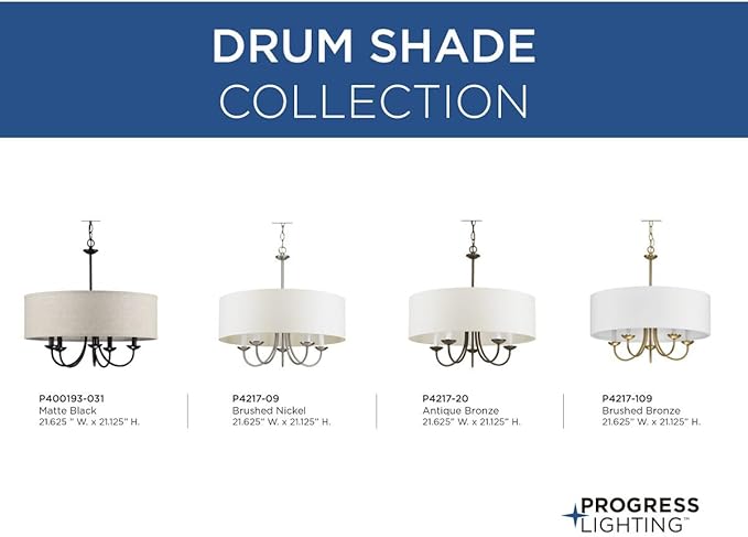 Progress Lighting Drum Shade Collection Five-Light Chandelier, Farmhouse Style Hanging Ceiling Light Fixture for Dining Rooms, Foyers, Harvest Linen Shade, Matte Black