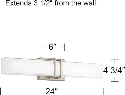 Possini Euro Design Exeter Modern Wall Mount Light LED Brushed Nickel Silver Metal 24" Wide Vanity Bar Fixture Rectangular Silk Screened Glass Shade Decor for Bathroom Over Mirror House Home