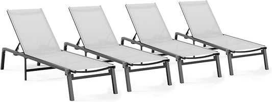 Patio Chaise Lounge Chair Set of 4, Foldable Lounge Chair for Outside, Aluminum Chairs with 5 Adjustable Backrest, Outdoor Pool Lounger for Patio, Lawn, Deck, White