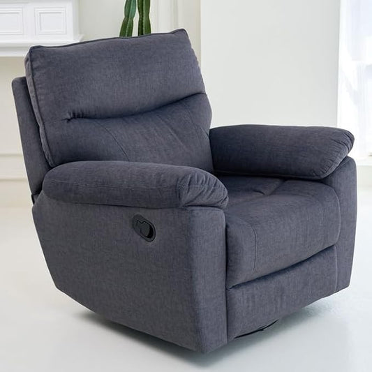 Reclining Sofa Rocking Recliner Chair Manual Adjustable 360 Swivel with Ergonomics Overstuffed Lumbar Arm Support Natural Fabric Surface Made for Living Room, Bedroom, Nursery, Dark Grey