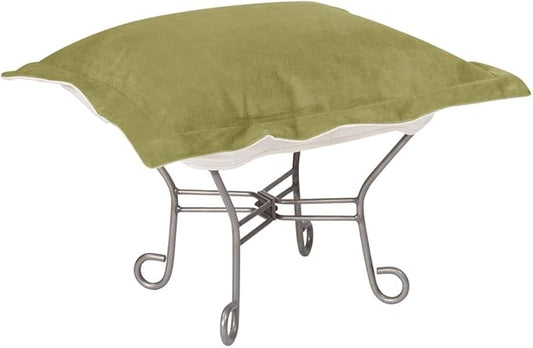 Howard Elliott Scroll Puff Ottoman Chair With Cover, Multipurpose Alternate Seating Footstool Footrest Chair with Titanium Frame, Patio Furniture for Camping, Home, Indoor & Outdoor, Bella Moss