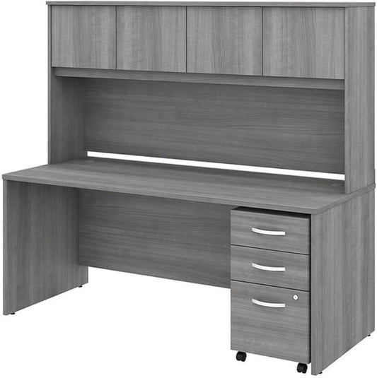 Pemberly Row Engineered Wood 72W Office Desk with Hutch and File Cabinet in Gray