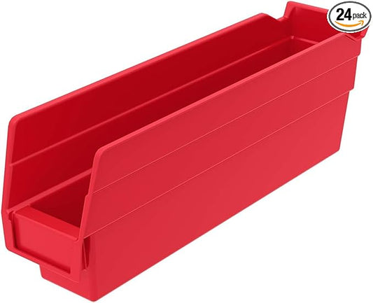 Akro-Mils 30110 Plastic Shelf Bins, Heavy Duty Storage Bins for Garage, Closet, and Drawer Organization, 12-Inch x 3-Inch x 4-Inch, Red, 24-Pack