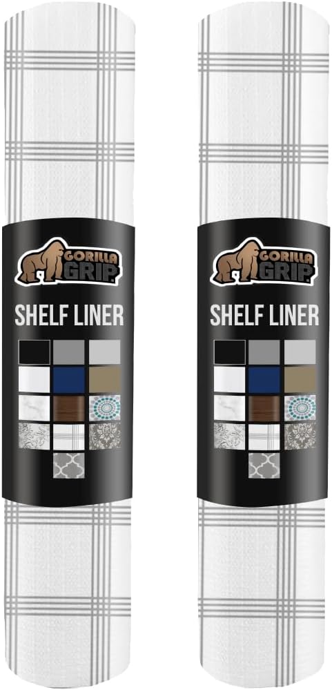 GORILLA GRIP Slip Resistant Drawer and Shelf Liner 2 Pack, Non Adhesive Water Resistant, Easy Trim, Smooth Surface Liners for Kitchen Cabinet, Shelves, Drawers Pantry, 12 IN x 10 FT, Stripe Gray White