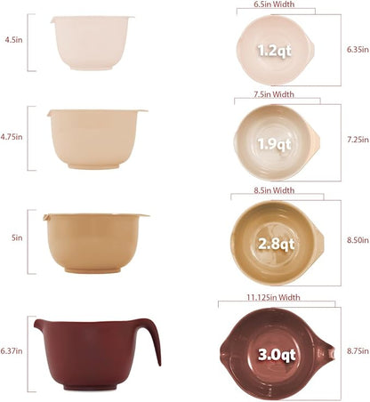 Glad Mixing Bowls with Pour Spout, Set of 4 - Nesting Plastic Bowls (1.2qt, 1.9qt, 2.8qt, and 3qt with Handle) - Non Slip Base, Dishwasher Safe Kitchen Cooking and Baking Supplies, Beige