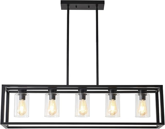 Farmhouse Dining Room Light Fixture Kitchen Island Pendant Lighting Rectangle Black Dining Room Lighting Fixture Modern Pendant Contemporary Chandeliers with Glass Shade Adjustable