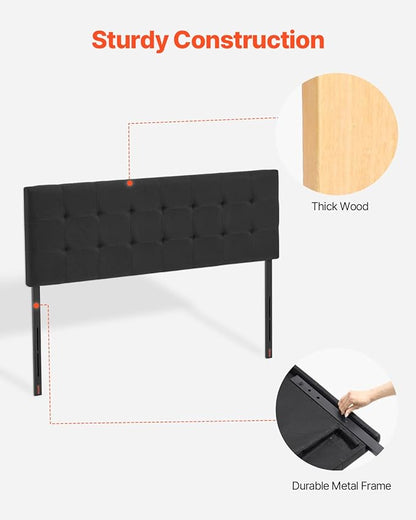 VEVOR Headboard, Queen Size Headboard with Adjustable Height, Comfortable Diamond Tufted for Queen Size Bed, W62.2 x H(42.72-54.53) x D2.76 in, Ideal for Bedroom, Hotel, Homestay, Dormitory, Black