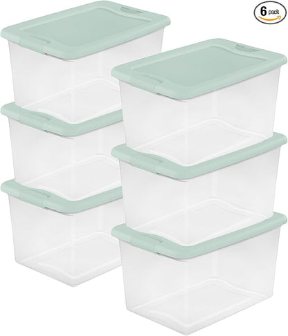 Sterilite 6 Pack Latching Box, Clear Plastic Stackable Storage Bin with Lid, 64 Quart, Mindful Mint