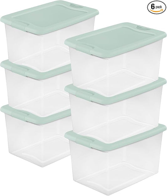 Sterilite 6 Pack Latching Box, Clear Plastic Stackable Storage Bin with Lid, 64 Quart, Mindful Mint