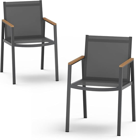 Outdoor Dining Chairs Set of 2, Aluminum Patio Dining Chairs with Textilene Fabric & HDPS Armrest for Ergonomic Design, All-Weather Outdoor Furniture for Garden and Indoor, Gray