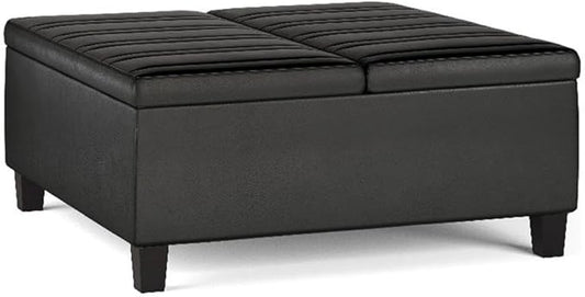 SIMPLIHOME Ellis 36 inch Wide Contemporary Square Coffee Table Storage Ottoman in Distressed Black Vegan Faux Leather, Assembled, for The Living Room and Bedroom