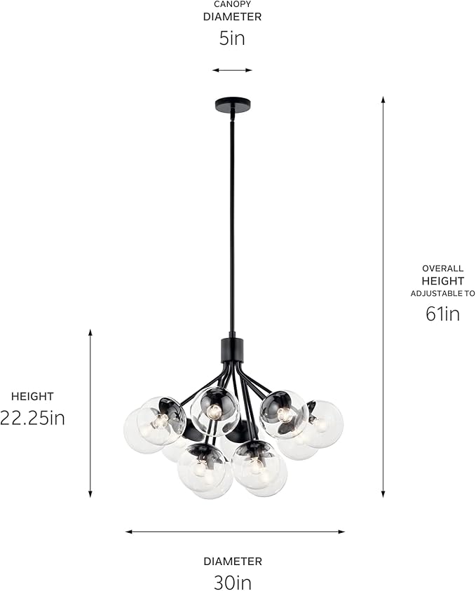 KICHLER Silvarious 12-Light Convertible Chandelier, Soft Modern Light with Clear Glass in Black, for Dining Room, Living Room, Bedroom or Foyer (22.25" x 30"), 52701BKCLR