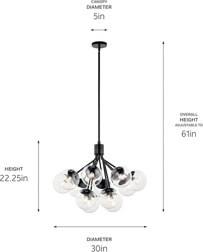 KICHLER Silvarious 12-Light Convertible Chandelier, Soft Modern Light with Clear Glass in Black, for Dining Room, Living Room, Bedroom or Foyer (22.25" x 30"), 52701BKCLR