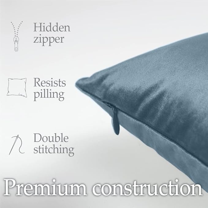 lalaLOOM Velvet Throw Pillow Covers, Set of 2, 20x20 Decorative Square Pillows Home Decor, Soft Accent Cases, Silky Machine Washable Pillowcases for Sofa, Couch, Bedroom, Living Room, Stone Blue