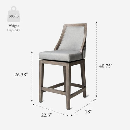 Maven Lane Vienna Counter Stools 26 Inches – Set of 3 – Swivel Stools with Footrests – Grey Solid Wood and Grey Fabric Upholstery – Ideal for Kitchen Islands and Counters