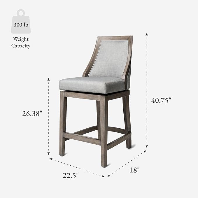 Maven Lane Vienna Counter Stools 26 Inches – Set of 2 – Swivel Stools with Footrests – Grey Solid Wood and Grey Fabric Upholstery – Ideal for Kitchen Islands and Counters