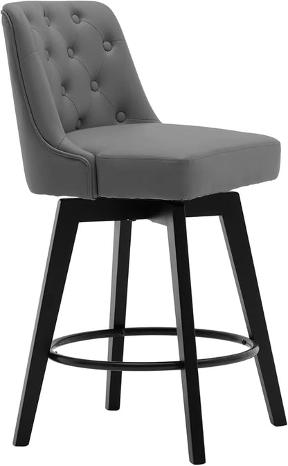 MINCETA Bar Stool, PU Leather Barstool, 26 Inch Upholstered Counter Stool with Low Tufted Back and Footrest, Swivel Counter Height Barstool for Kitchen Island Home Bar Dark Gray