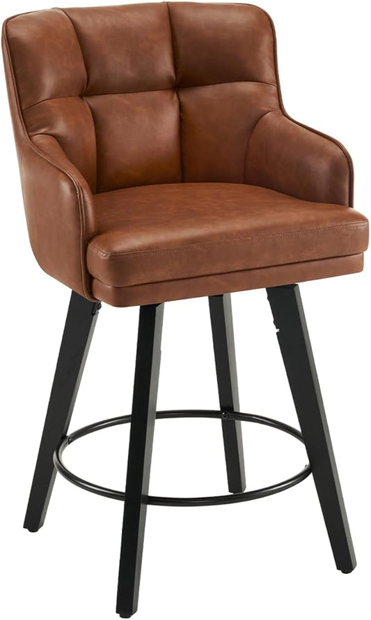 360°Swivel Counter Height Bar Stools with Back, 26 inch Solid Wood Legs, Bar Stool Modern Kitchen Island Chairs, Faux Leather (Brown- Faux Leather, 26" H- Set of 1)