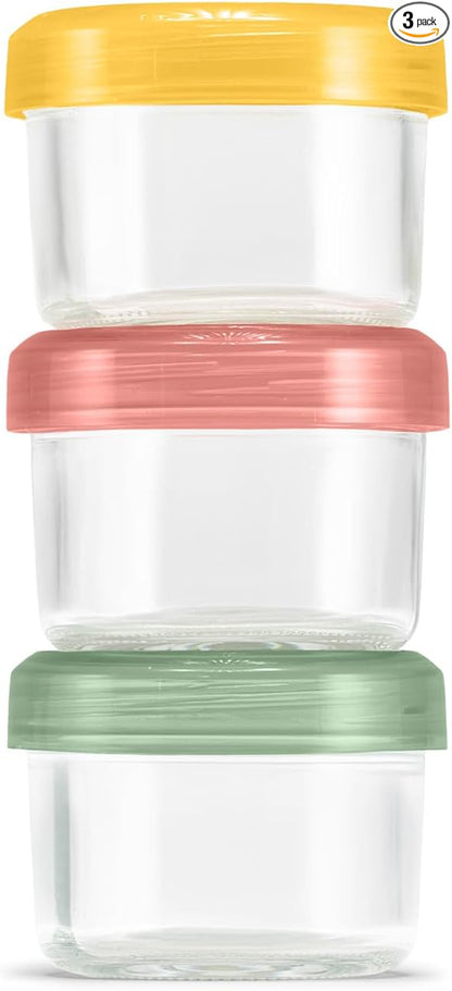 Ello Color Lock 3-Pack 4oz Reusable Glass Condiment Containers with Screw-on Leak-Proof Lid, Perfect for Salad Dressing Sauce Dips, Lunchbox Picnic, BPA-Free, Desert Festival