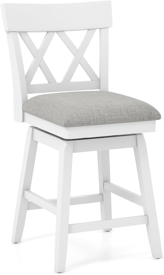 COSTWAY Bar Stool for Kitchen Island, 26" Counter Height Chair with Ergonomic Backrest, Foot Rest, Padded Seat & Solid Wood Structure, 360°Swivel Farmhouse Barstool with Back