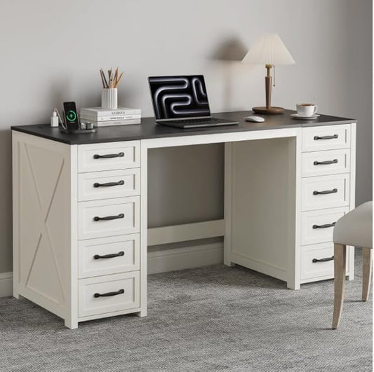 WOPITUES 60" Farmhouse Home Office Desk with 10 Wooden Drawers, Rustic Computer Writing Desk with Power Outlets, Large Executive Desk with Storage Cabinet for Work Study Writing, Black & White