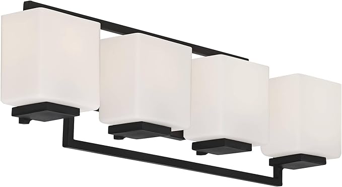 Possini Euro Design Modern Wall Light Black Hardwire 29" 4-Light Fixture Opal White Rectangular Geometric Glass Shade for Bedroom Bathroom Bedside Vanity Living Room Home Mirror Hallway Dining