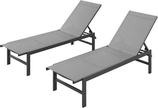 Outdoor Lounge Chairs Set of 2 for Pool, Aluminum Chaise Lounge Chairs with 5-Position Recliner, Patio Lounge Chair for Backyard, Poolside, Deck, Lawn, Dark Gray