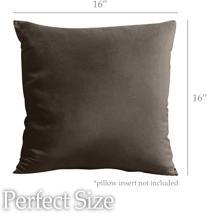 lalaLOOM Velvet Throw Pillow Covers, Set of 2, Soft Accent Cases for Pillows, Decorative Square Home Decor, Silky Machine Washable Pillowcases for Sofa, Couch, Bedroom, Living Room, 16x16, Brown