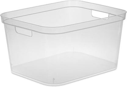 Sterilite 8.25x12.25x15 Inch Modern Polished Storage Bin w/Comfortable Carry Through Handles & Banded Rim for Household Organization, Clear (18 Pack)