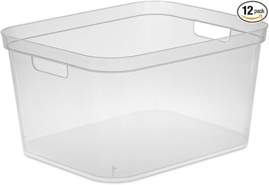 Sterilite 8.25x12.25x15 Inch Modern Polished Storage Bin w/Comfortable Carry Through Handles & Banded Rim for Household Organization, Clear (12 Pack)