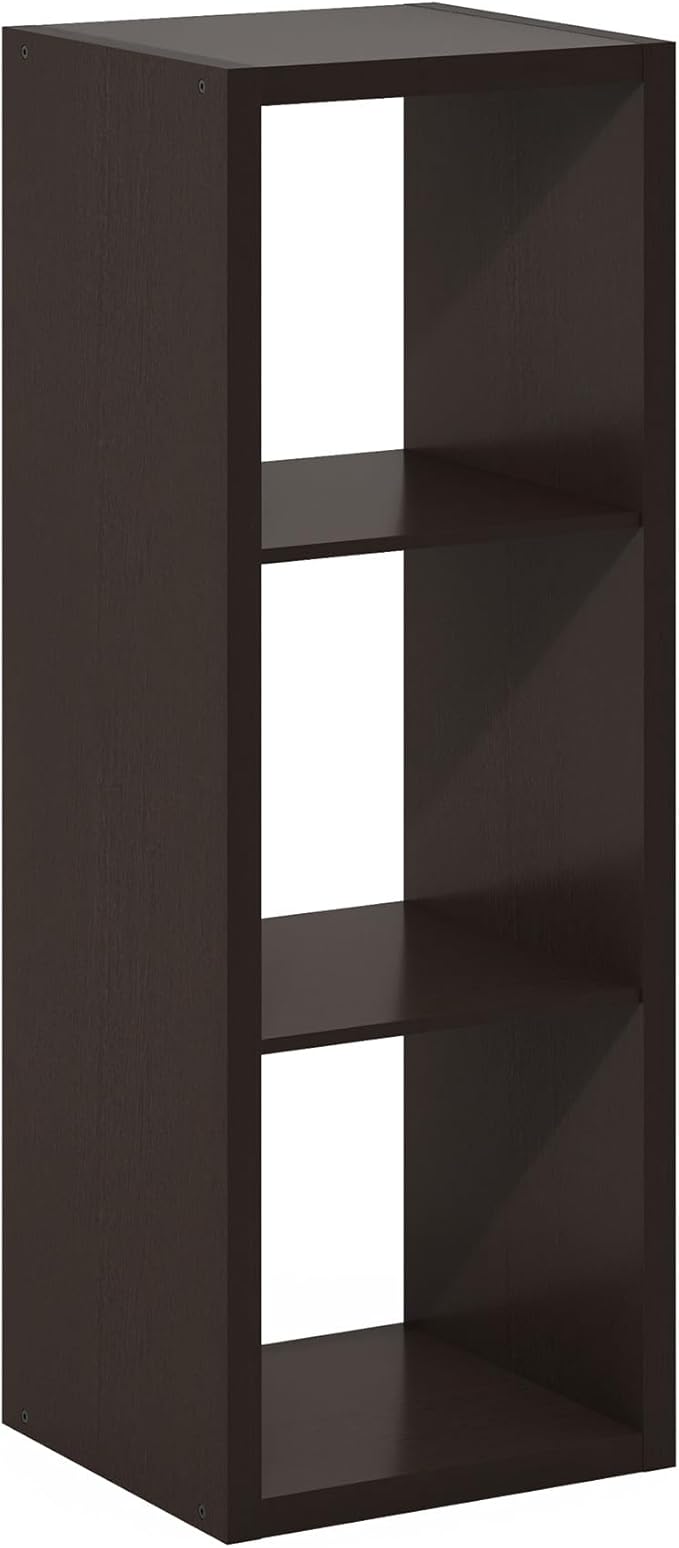 Furinno Cubicle Book Shelf, 3-Cube Thick Frame Bookshelf, Horizontally & Vertically Reversible Bookcase with Open Back, 14.6 x 15.9 x 44, for Living Room, Bedroom, Home Office, Black Dark Oak