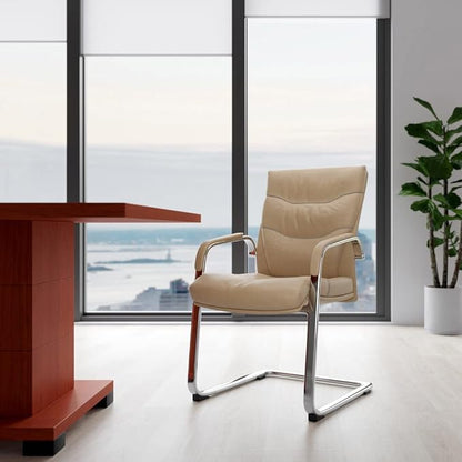 ZURI Modern Carnegie Leather and Chrome Side Chair with Aluminum Base - Beige