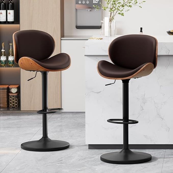 Furniliving Bar Stools Set of 4, Adjustable Height Swivel Bentwood Barstools, Upholstered Bar Chairs with Footrest, Ergonomic Modern Bar Stools for Dining Room, Kitchen, Bar, Brown, PU