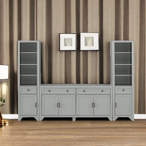 Crosley Furniture Tara 3-Piece Modern Farmhouse Sideboard Buffet Cabinet and Bookcase Set with Storage, Distressed Gray