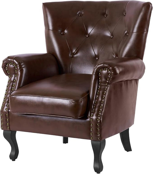 Modern Faux Leather Accent Chair, Upholstered Mid-Century Armchair with Solid Wood Legs, Single Sofa Chair for Living Room, Bedroom, or Reading Room（Reddish Brown）